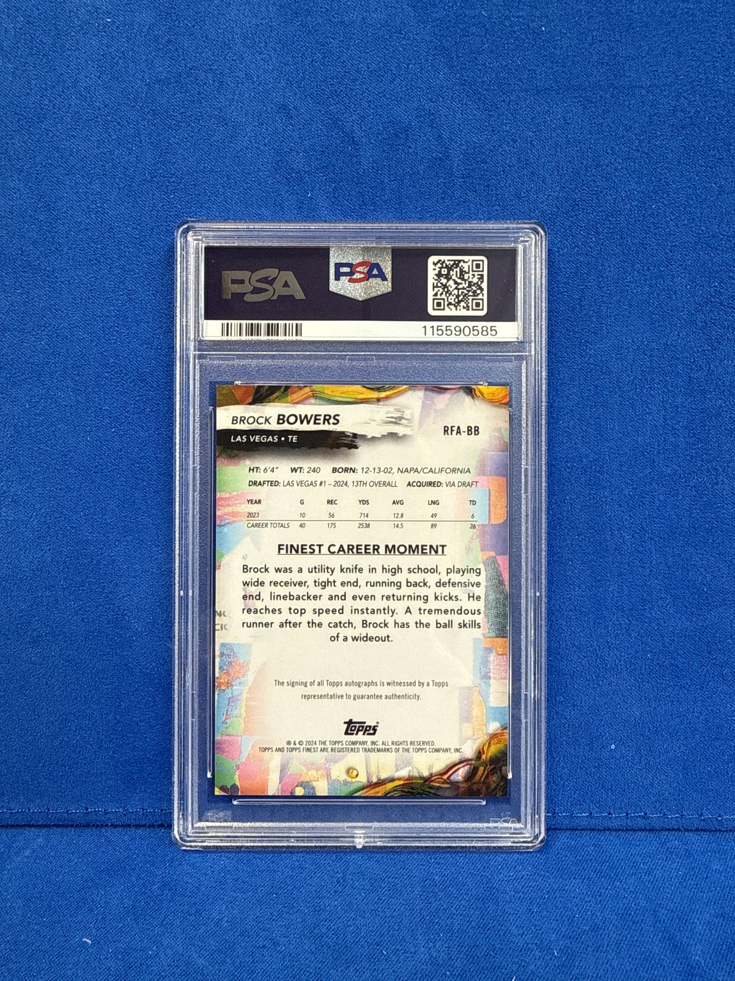 2024 TOPPS FINEST #RFABB BROCK BOWERS ROOKI FINEST AUTO PSA10 PSA/DNA CERT 10